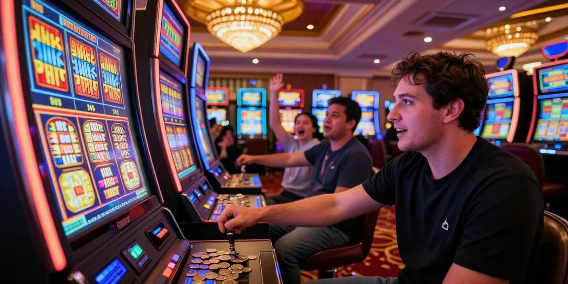 Player intensely focused on a slot jackpot machine as coins scatter in a lively casino.