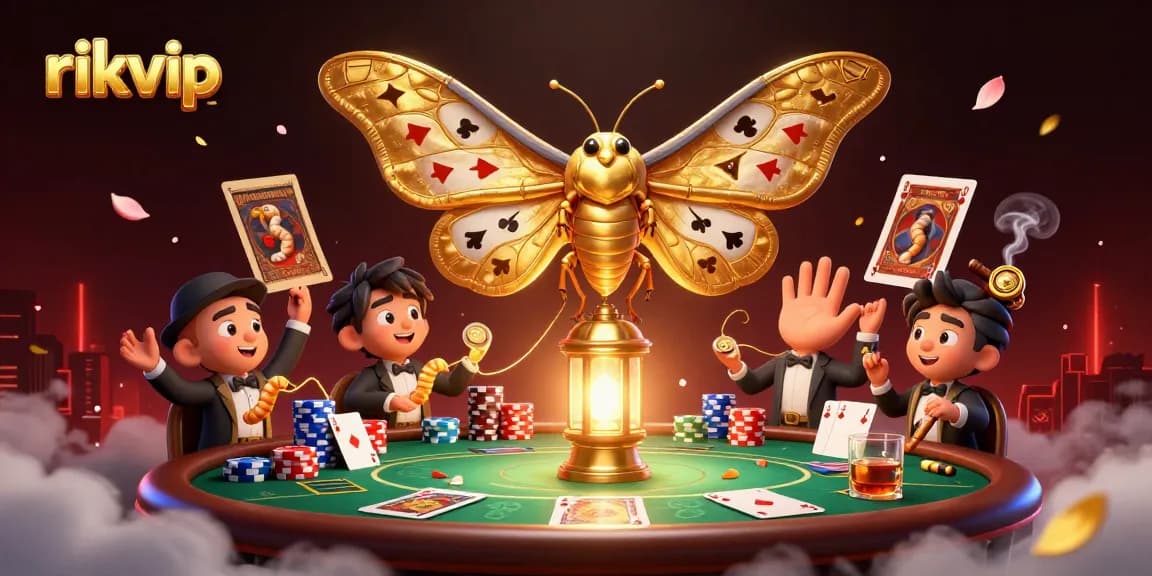 Experience exciting gameplay with rikvip's dynamic casino scene featuring a vibrant moth and lavish poker elements.