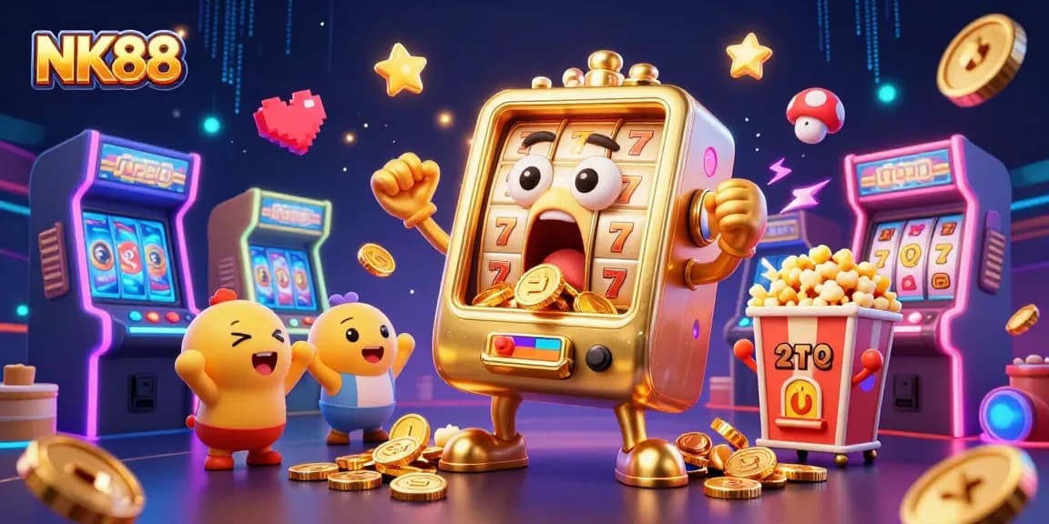 Experience the excitement of winning at NK88 with the joyful golden slot machine and cheering fans!