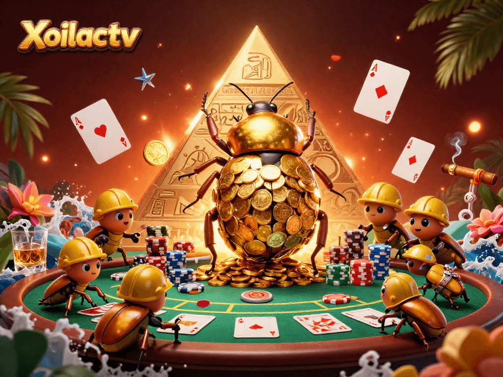 Xoilactv showcases a massive golden beetle in a vibrant casino scene, rolling coins and poker elements.