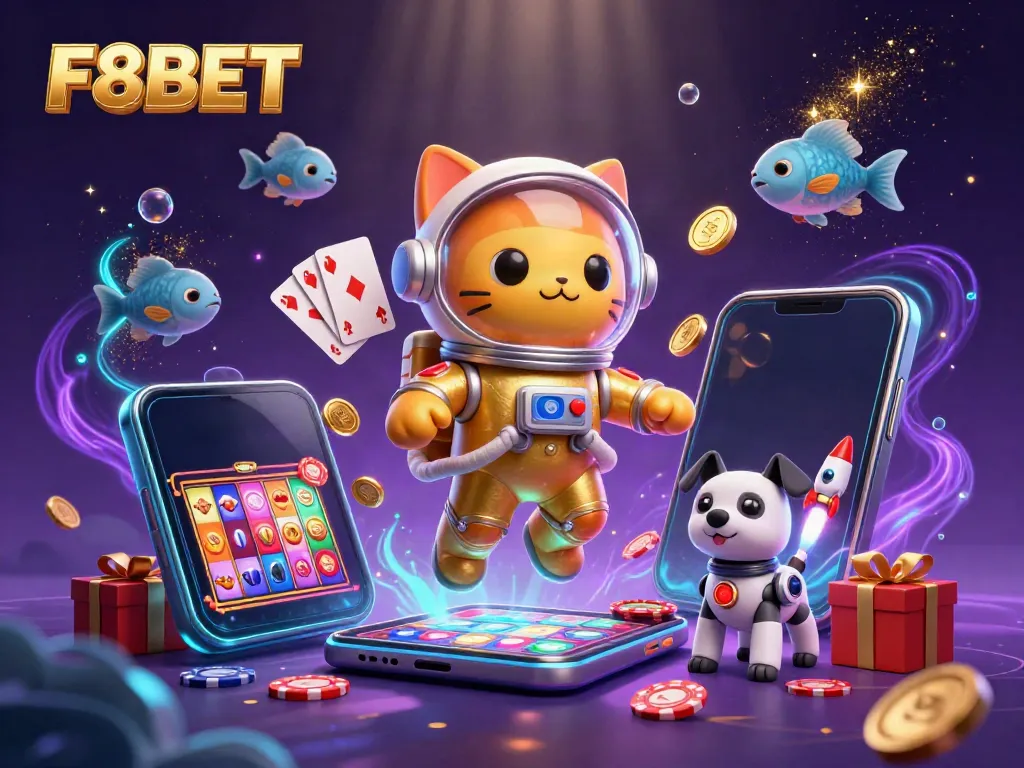 Experience thrilling games at F8BET with a whimsical 3D universe featuring slot games, vibrant characters, and energetic atmosphere.