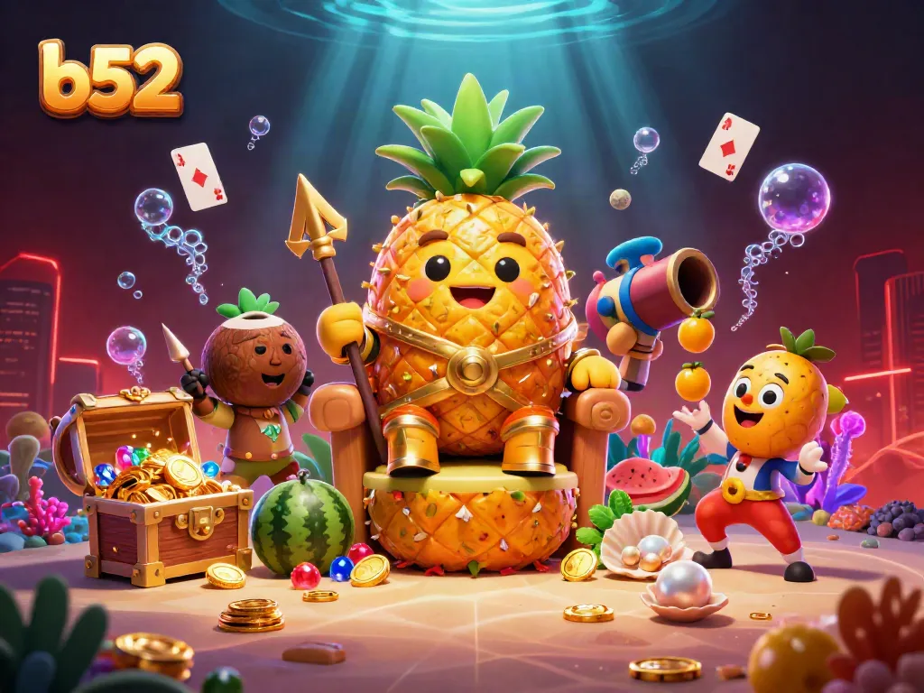 Experience the vibrant world of b52 with a golden pineapple king in this lively beach casino scene, full of gold and treasures.