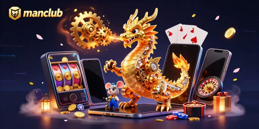 Engage in thrilling gameplay at manclub with a vibrant illustration featuring a golden dragon and interactive casino elements.
