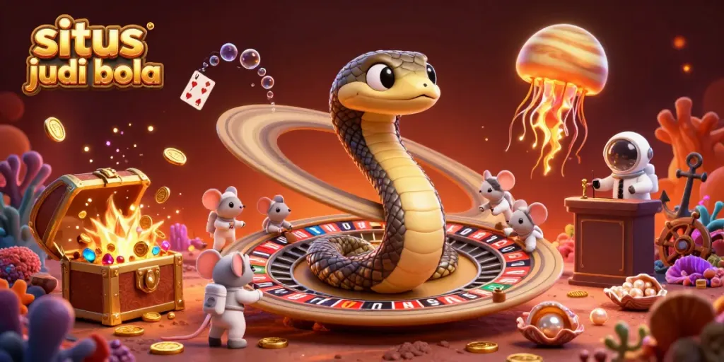 Situs judi bola game scene with cartoon characters betting on a cosmic roulette wheel beside a treasure explosion.