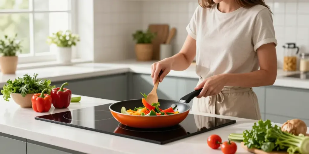 Vibrant kitchen scene highlighting non-stick cookware price in bangladesh with a home cook preparing fresh vegetables.