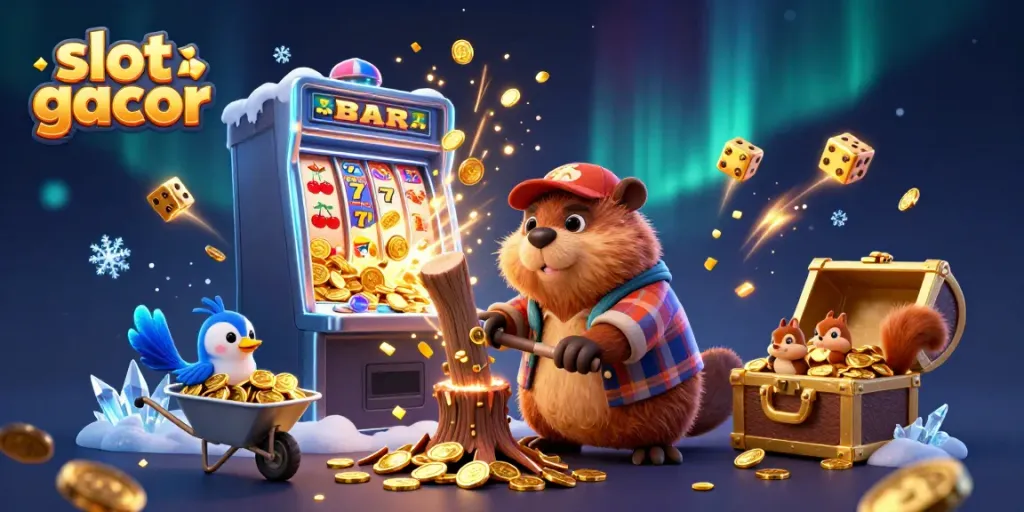 Engaging scene of a playful lumberjack beaver, slot machine, and gold coins representing slot gacor action.