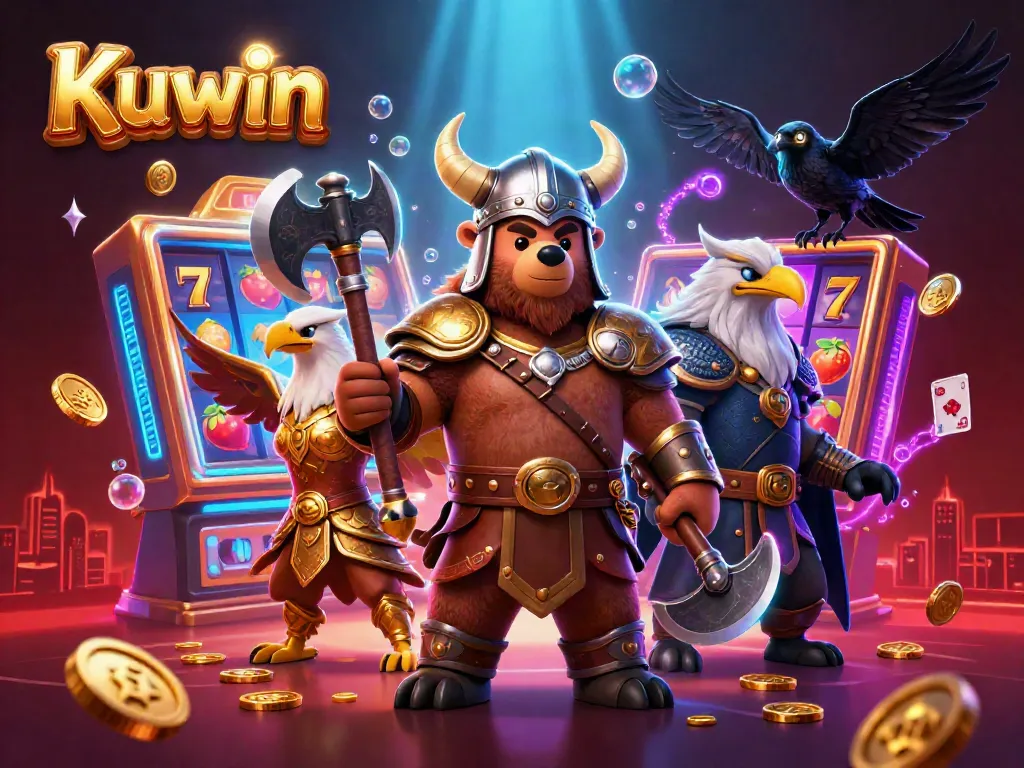 Kuwin slots scene featuring a Viking bear with treasures and vibrant game elements.