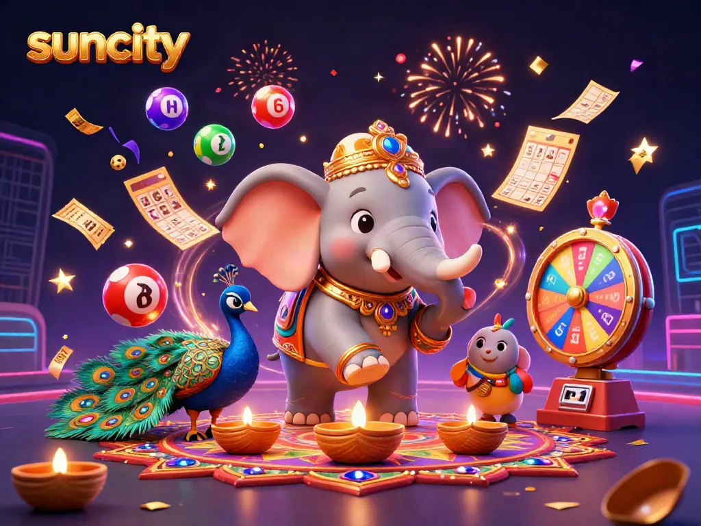 Experience the excitement of suncity with vibrant lottery elements and captivating characters in this 3D illustration.