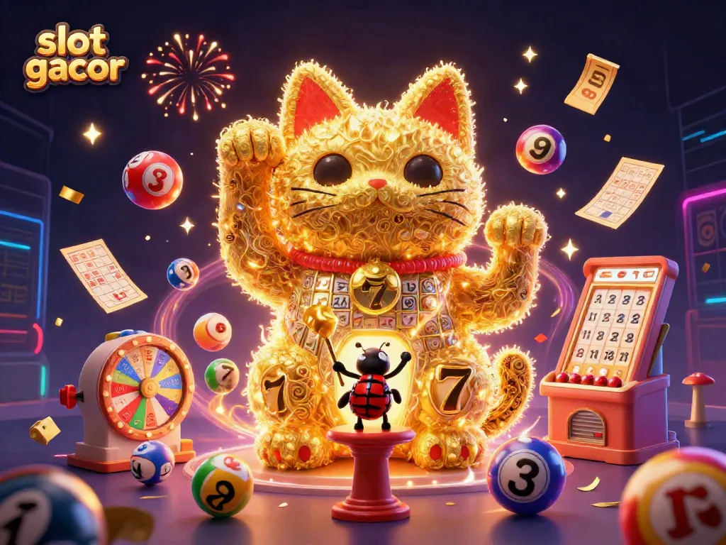 Play with slot gacor elements showcased as golden fireflies and lucky symbols in this vibrant 3D casino scene.