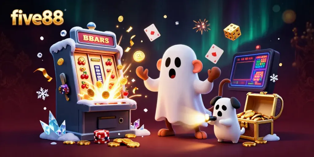 Experience exciting casino action at five88 with a ghost-hunter puppy and a mischievous monkey juggling gold in a dynamic scene.