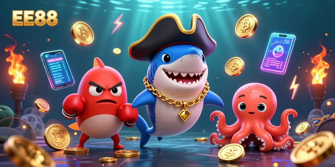 Engage with EE88's thrilling gaming adventure featuring a pirate shark, boxing pufferfish, and coin-holding octopus.