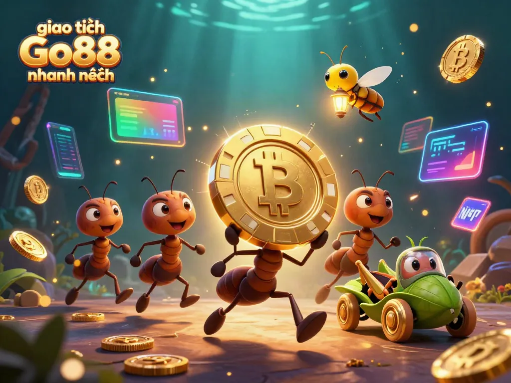 Engaging scene depicting giao dịch Go88 nhanh chóng with ants carrying a golden poker chip in a colorful casino setting.
