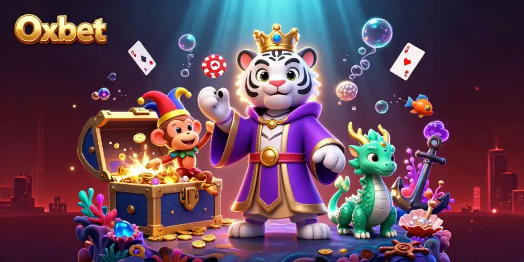 Experience gaming thrills with Oxbet's 3D illustration of a royal tiger, playful monkey, and vibrant casino elements.
