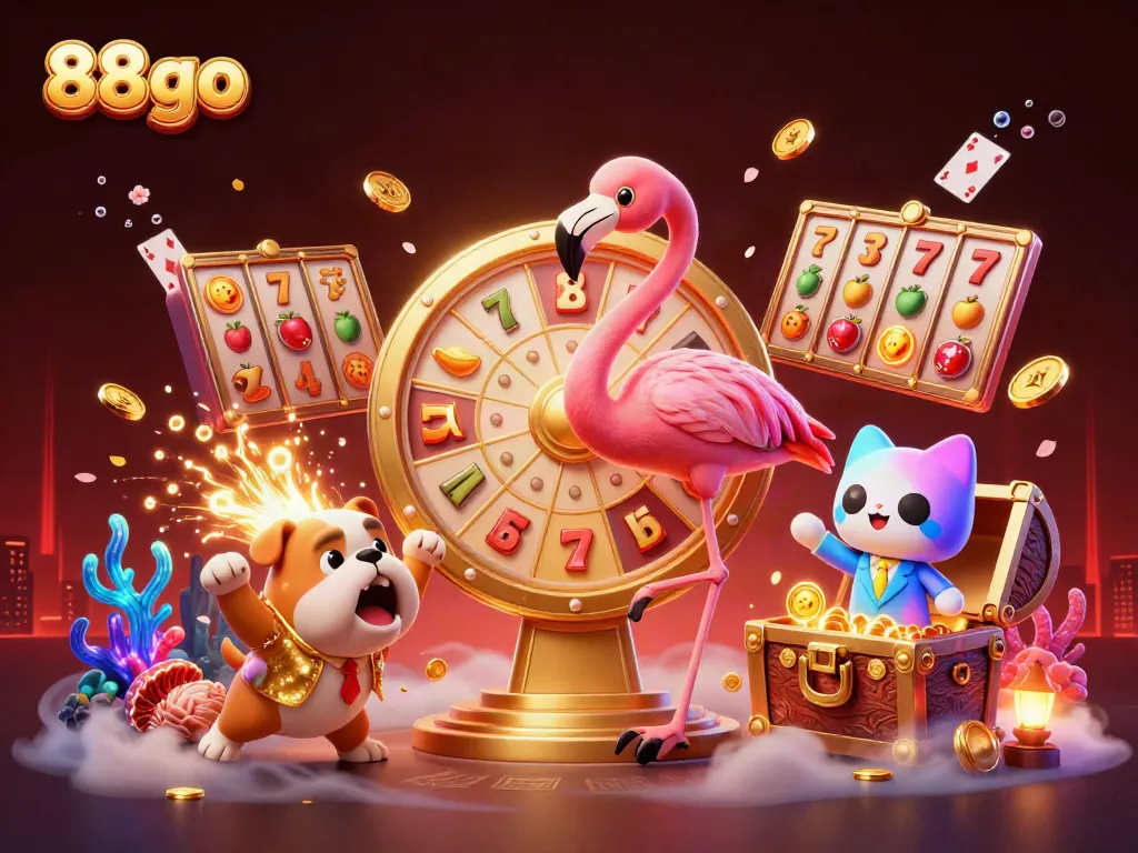 Experience excitement at 88go with a vibrant casino scene featuring a dynamic game show host and beloved characters.