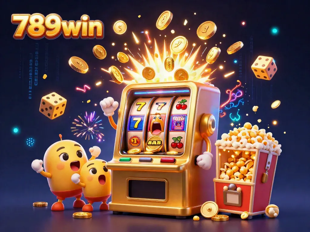 Play thrilling slots at 789win with a vibrant scene of slot machines celebrating a jackpot!