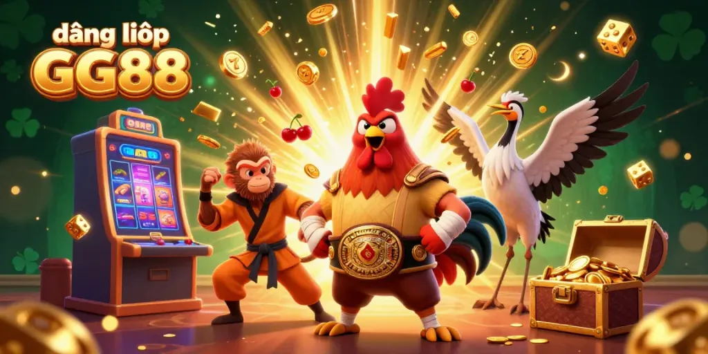 Engage in exciting gameplay at đăng nhập GG88, featuring a dynamic casino scene with colorful slot symbols and vibrant characters.