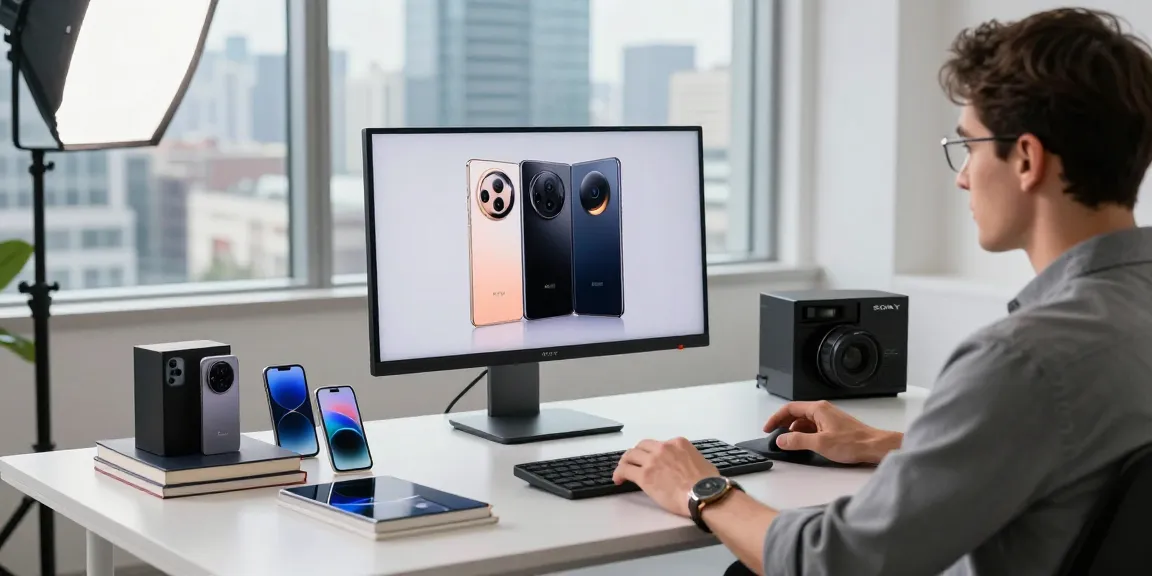 Innovative workspace showcasing a tech enthusiast using a tri-fold phone amidst modern gadgets and city views.