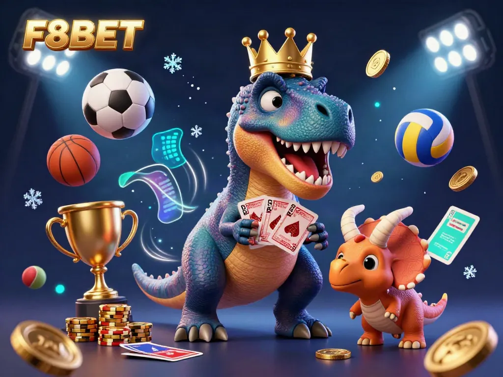 Engage with F8BET's thrilling gaming experience featuring a vibrant cartoon scene of characters lucky at cards and chips.
