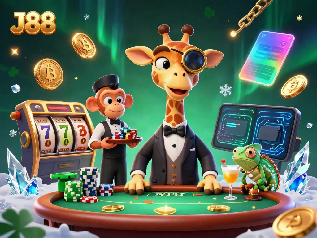 Experience the vibrant world of J88 casino with a high-roller giraffe and dynamic gaming elements in a visually rich scene.
