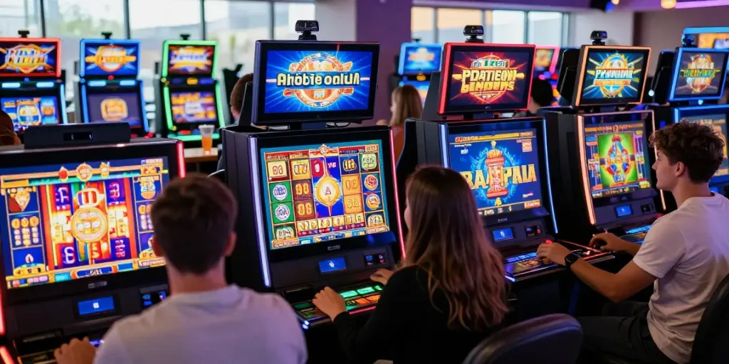 Excited players celebrating at Wira55 online gaming arcade with colorful slots and vibrant atmosphere.