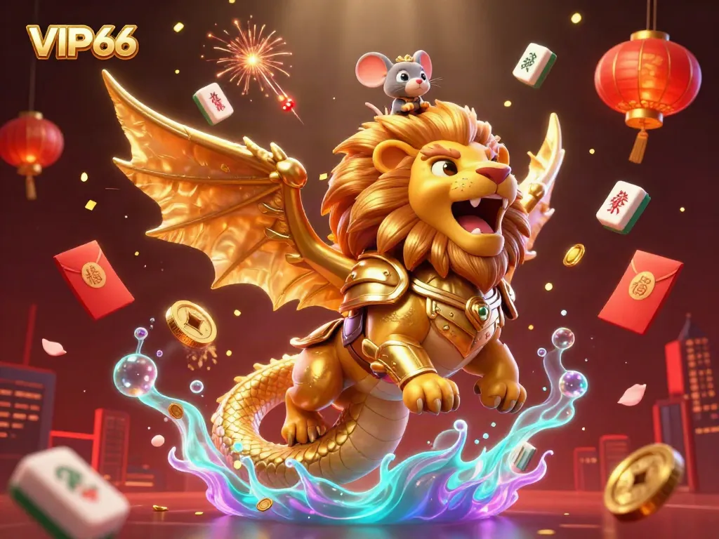 Experience VIP66 with an awe-inspiring chimera creature and golden elements in a dynamic casino scene.