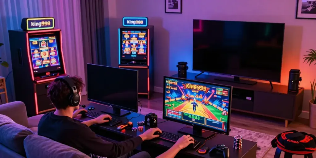 Players enjoying king999 online slot games at home with vibrant atmosphere.