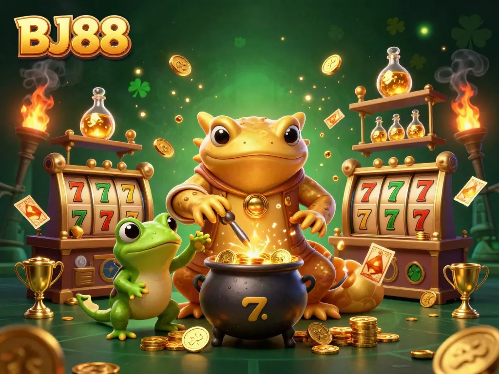 BJ88 showcases a vibrant 3D cartoon scene with a golden salamander alchemist creating gold for exciting slot games.