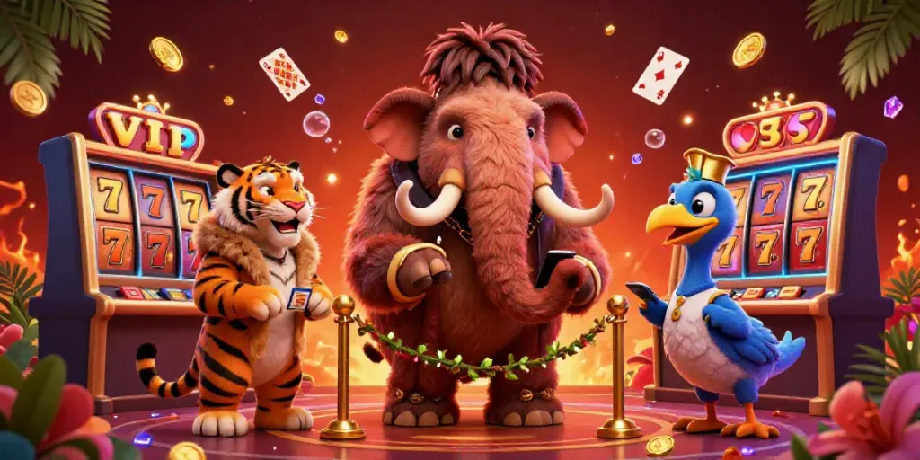 Engaging 3D illustration showcasing the lively e 39 casino scene with unique characters amidst dynamic game elements.