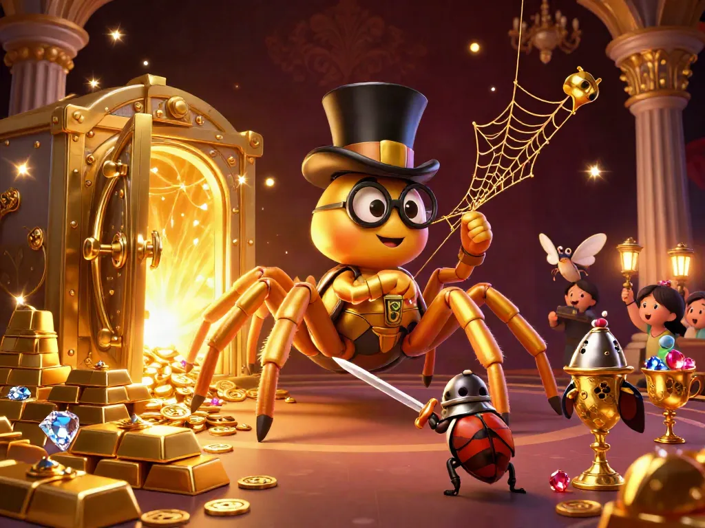 Engage with pakde4d as whimsical characters spin a gold-laden web in a vibrant casino setting.