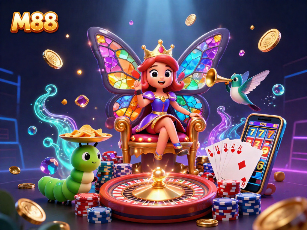 M88 enhances your gaming with a vibrant 3D illustration of a casino scene featuring a butterfly queen and roulette.