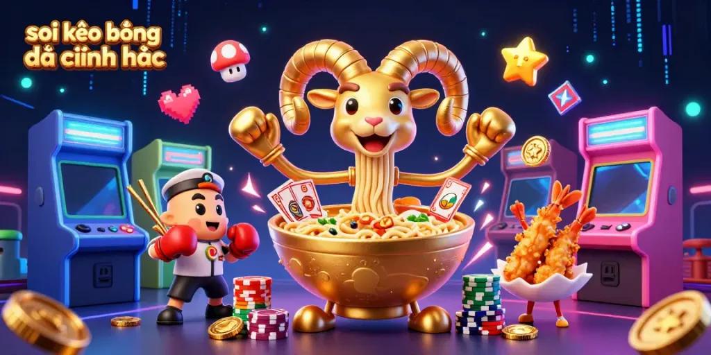 Soi kèo bóng đá chính xác illustrated with a golden ramen bowl dealer in a vibrant cartoon casino scene.