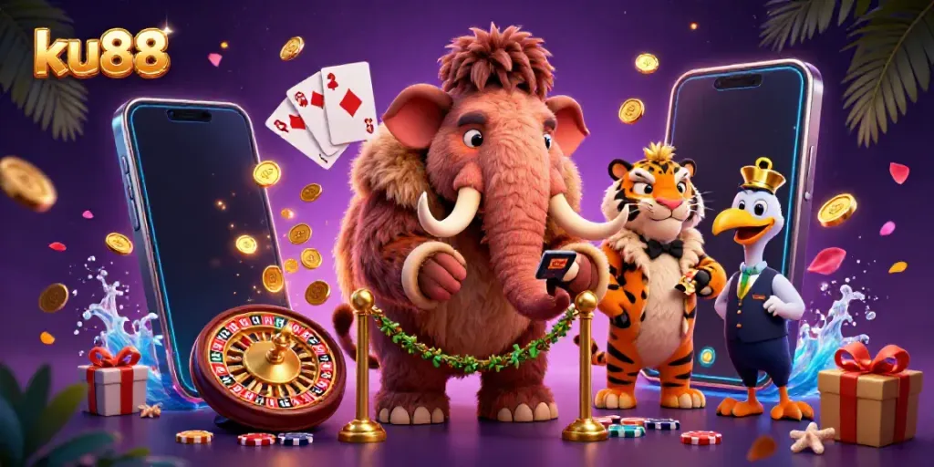 Engage with ku88's vibrant online casino atmosphere featuring a mammoth bouncer and saber-tooth guest.