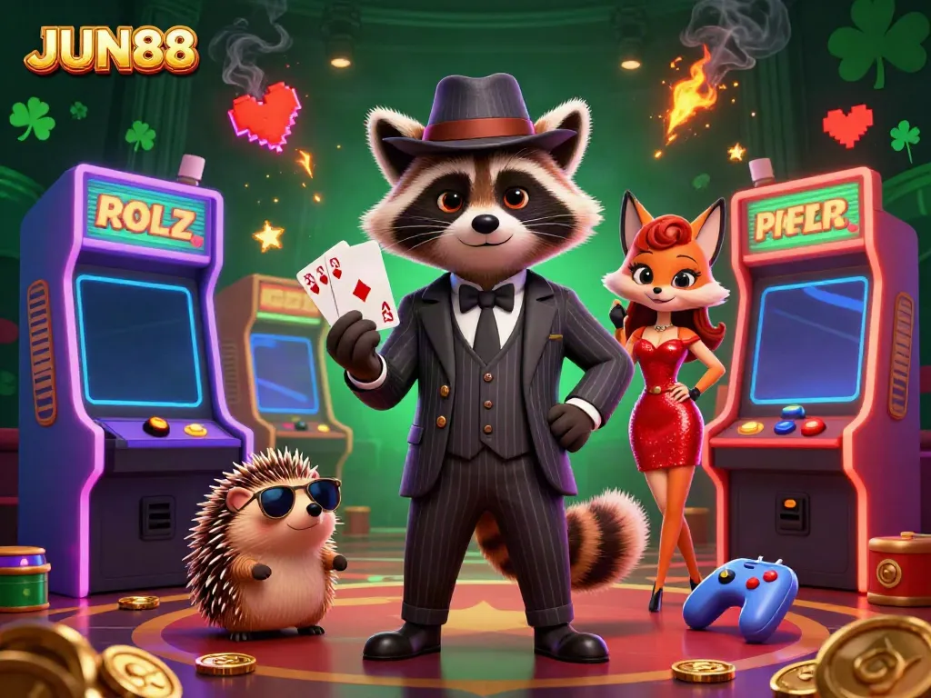 Experience stunning gaming thrills at JUN88 with a raccoon dealer, a chic fox, and vibrant casino gaming elements.
