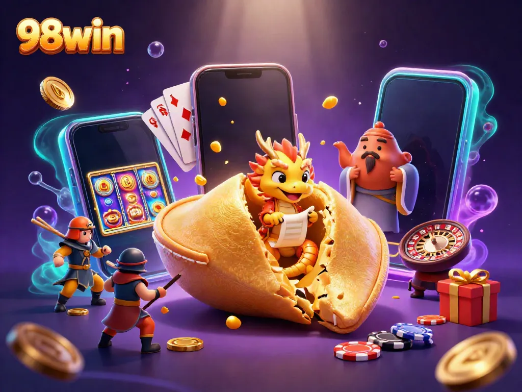 Win exciting jackpots and experience gaming with 98win's vibrant and dynamic 3D casino illustration.