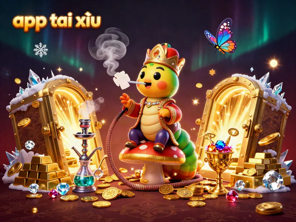 Experience app tài xỉu thrills with an enigmatic caterpillar and gold treasures in this vibrant casino scene.