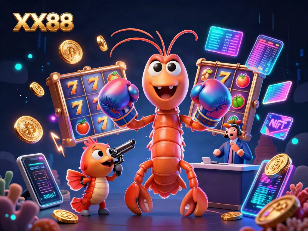 Experience the thrills of XX88 with animated characters beside slot games and cryptocurrencies.