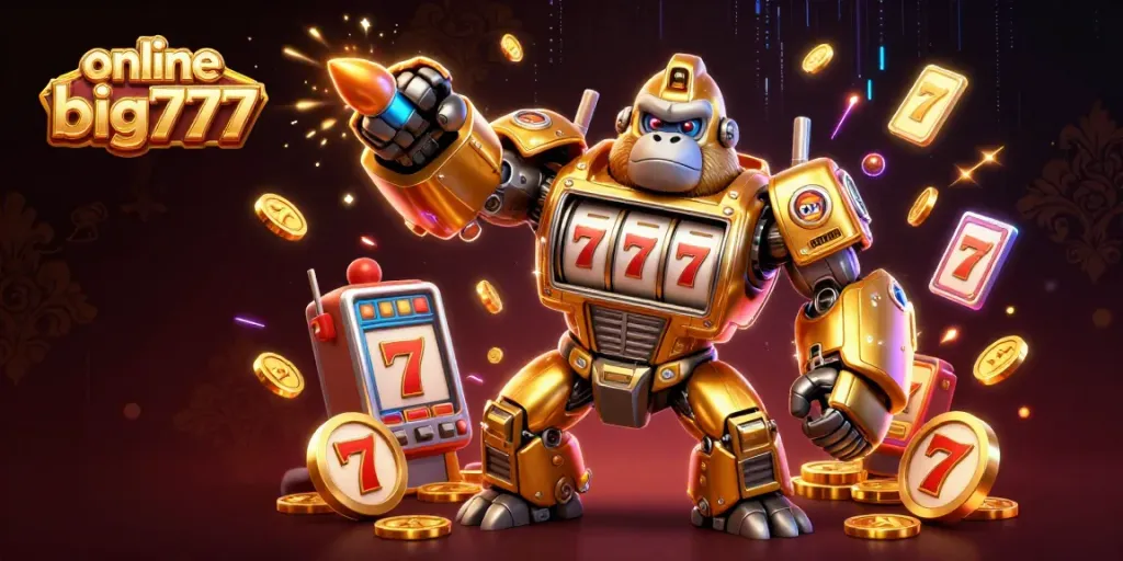 Experience the excitement of online casino big777 with dynamic 3D visuals of a winning gorilla mech.