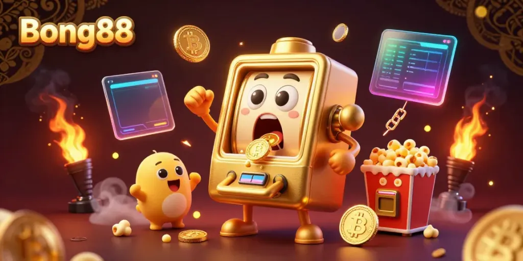 Bong88 slot machine jackpot celebration with neon cryptocurrencies and lively casino atmosphere.