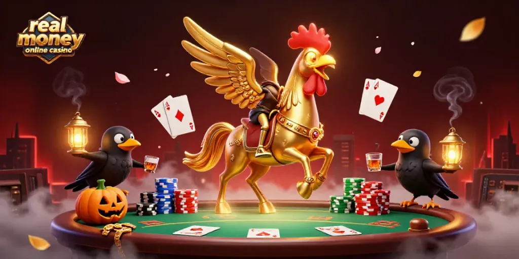 Experience the thrill of a real money online casino with a golden rooster and poker action.