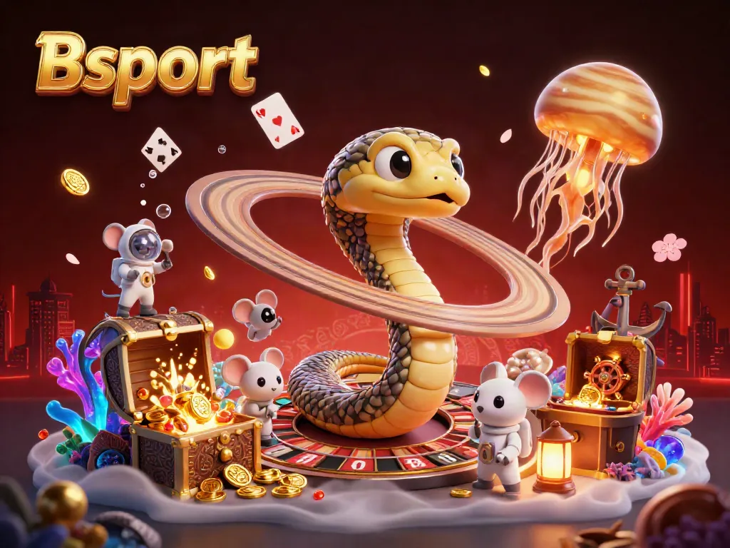 Bsport brings excitement in a vibrant cosmic casino scene with betting astronaut mice and a golden jellyfish dealer.