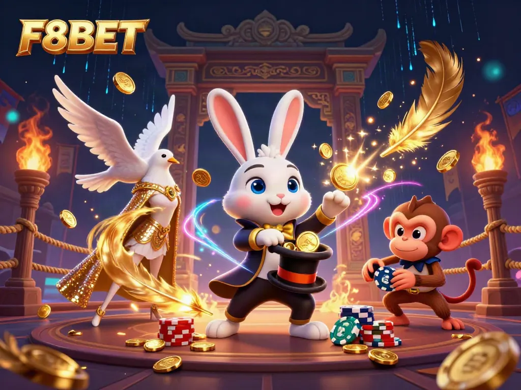 Experience the magic of F8BET with a vibrant scene featuring a magician rabbit pulling golden coins, dove, and monkey amidst casino elements.
