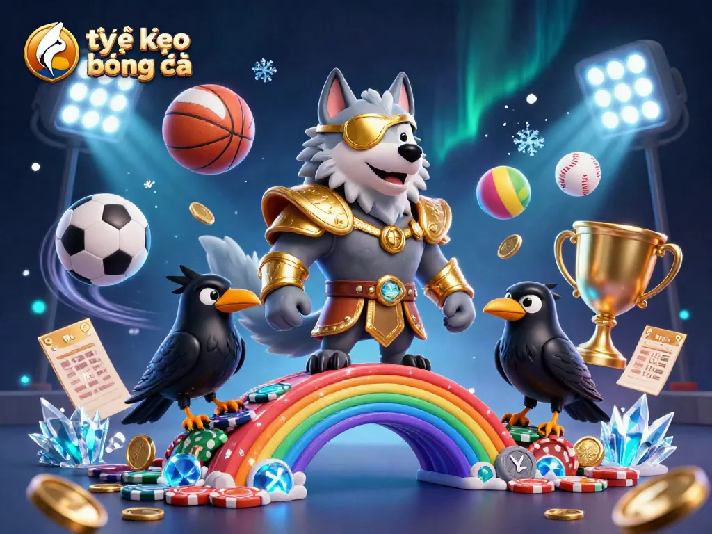 Engaging illustration of tỷ lệ kèo bóng đá featuring a Norse wolf and sports elements amid a magical gambling landscape.