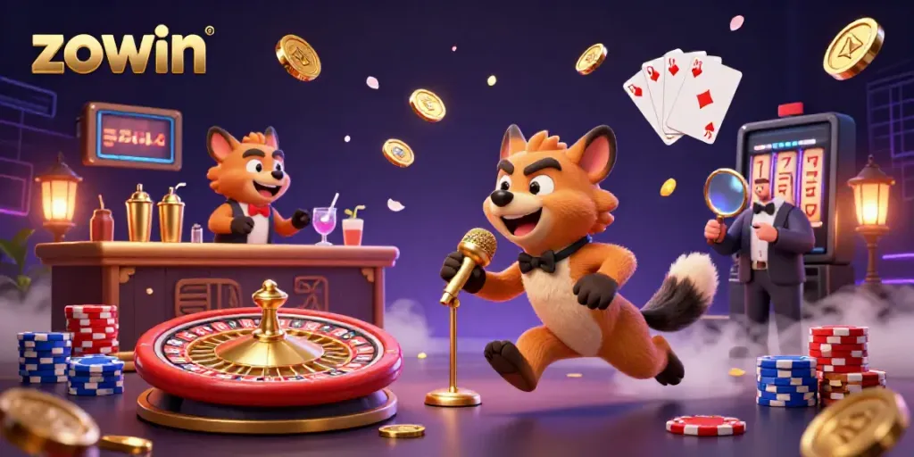 Join the fun at Zowin's comedy casino scene with hyenas playing and winning exciting games.
