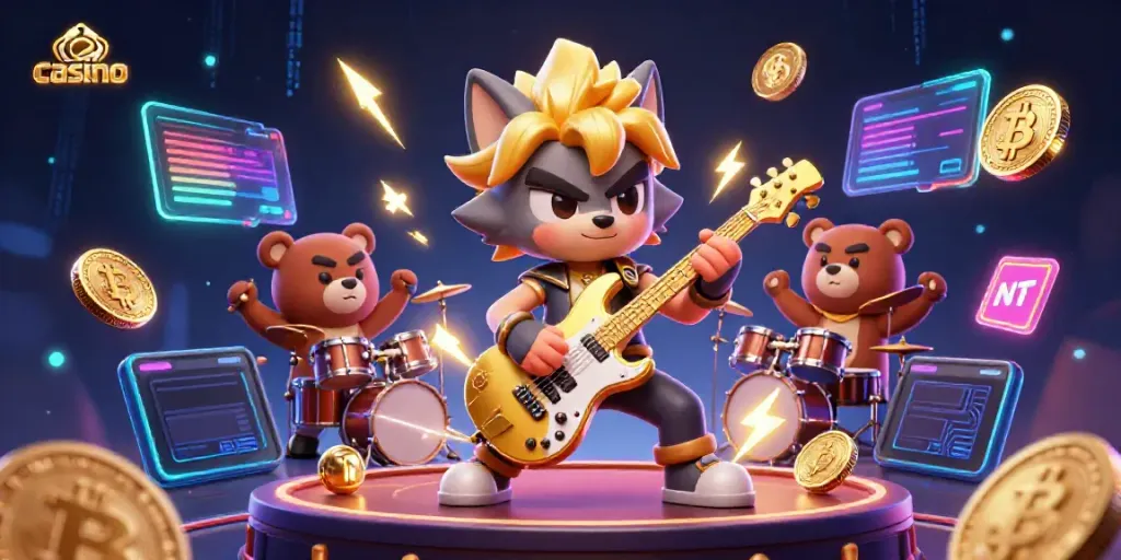 Experience thrilling casino action with a rock star wolf performing on stage, surrounded by crypto and gambling icons.