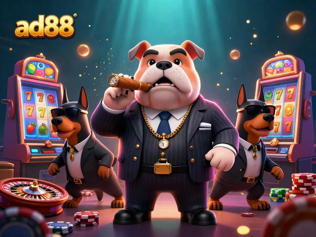 Spin the reels at ad88 with a 3D mafia boss and bodyguards surrounded by casino action.