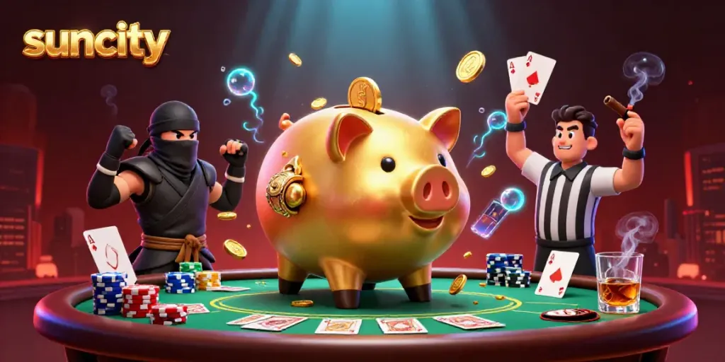 Suncity-themed illustration showcasing a lively casino scene with characters and dynamic poker elements.
