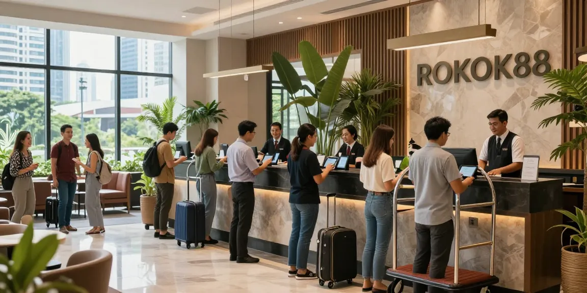 Experience booking hotels easily with ROKOK88 at a vibrant Jakarta Barat hotel reception.