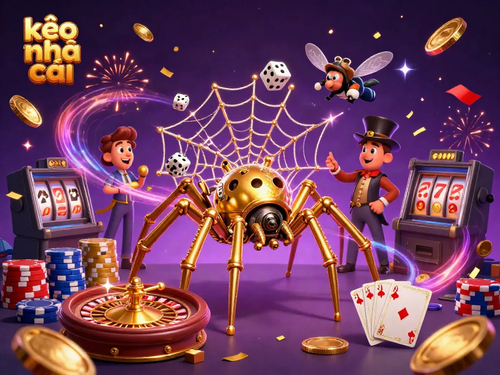 Engage in kèo nhà cái with an exciting 3D scene of a steampunk spider and golden web design.