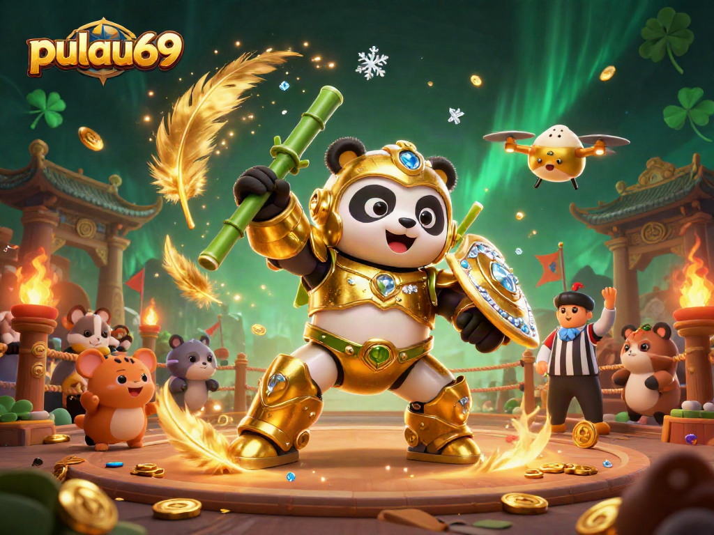 Experience the excitement of pulau69 gaming with a vibrant mech-suit panda in a rich casino arena.