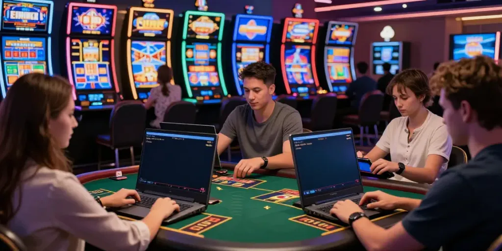 Exciting online casino scene featuring diverse players enjoying games at a casino not on GamStop.